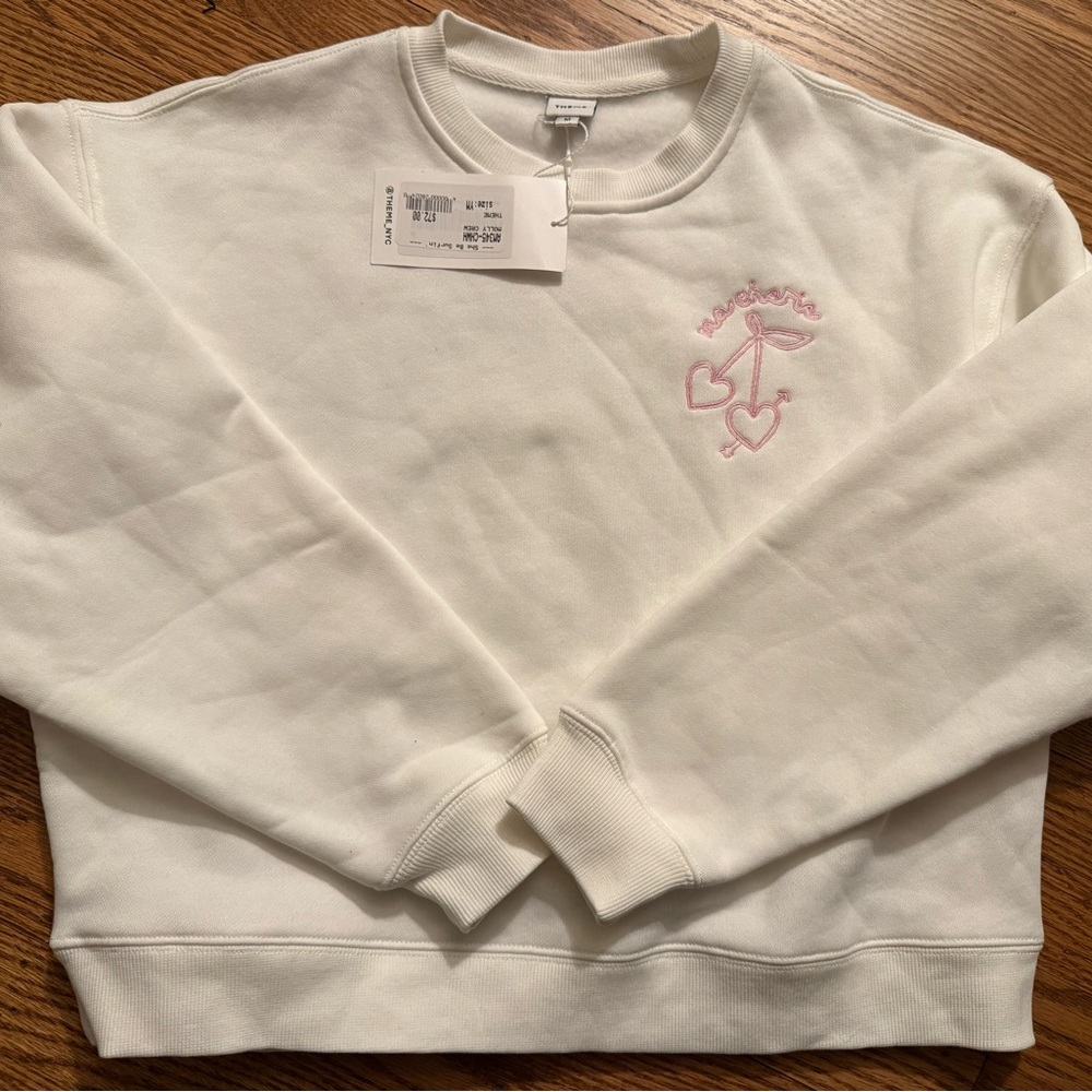 Theme White Sweatshirt with Pink Embroidery
